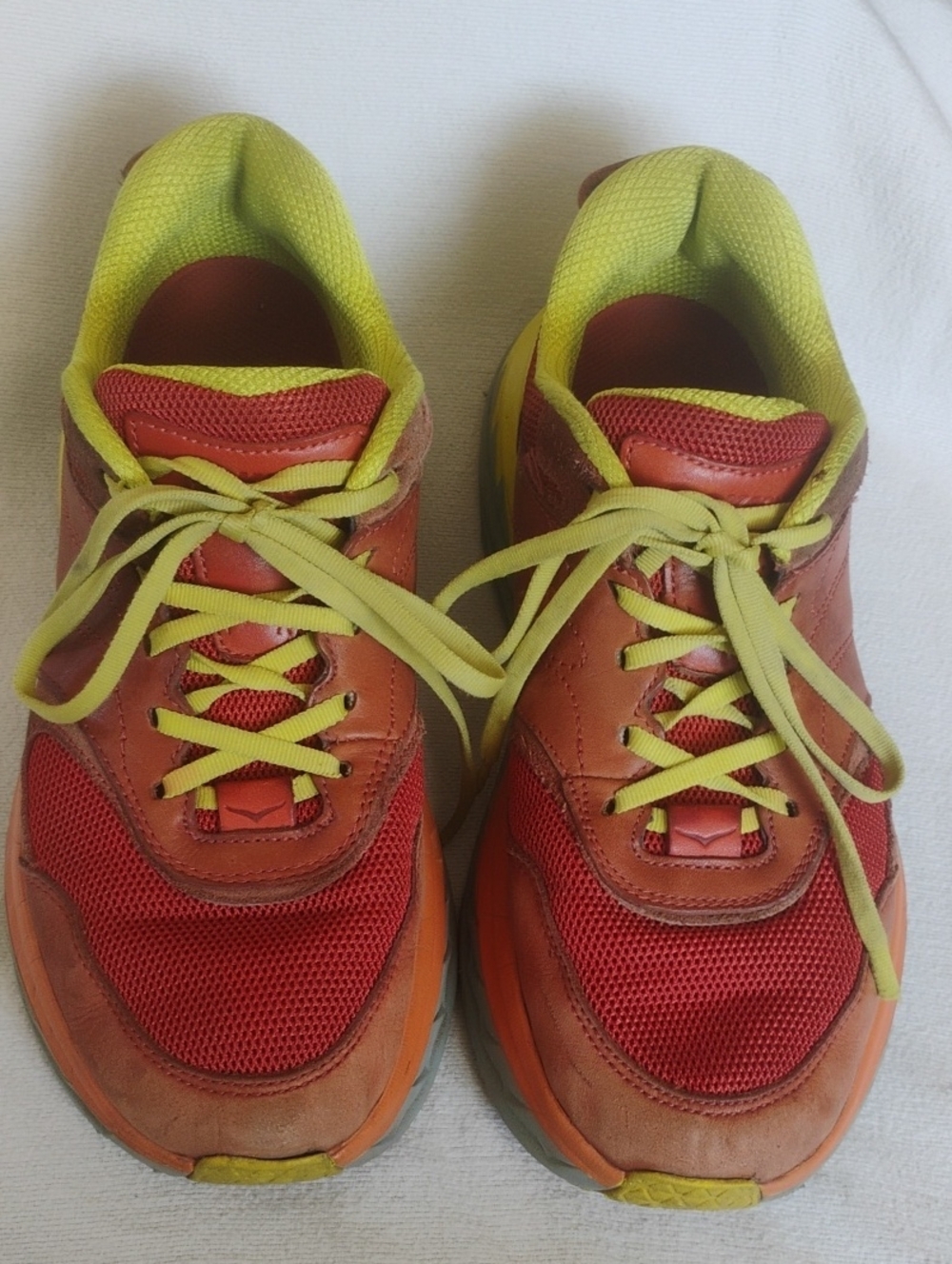 Men's Hoka Orange Athletic Sneakers with Lime Accents Sz 8 See Description